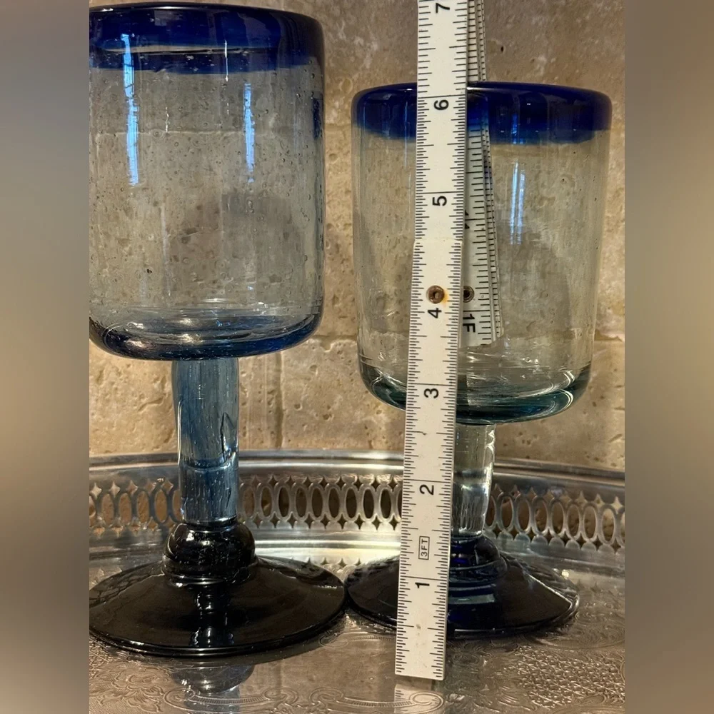 His and Her Vintage Hand Blown Goblets made in Mexico. Cobalt Blue.